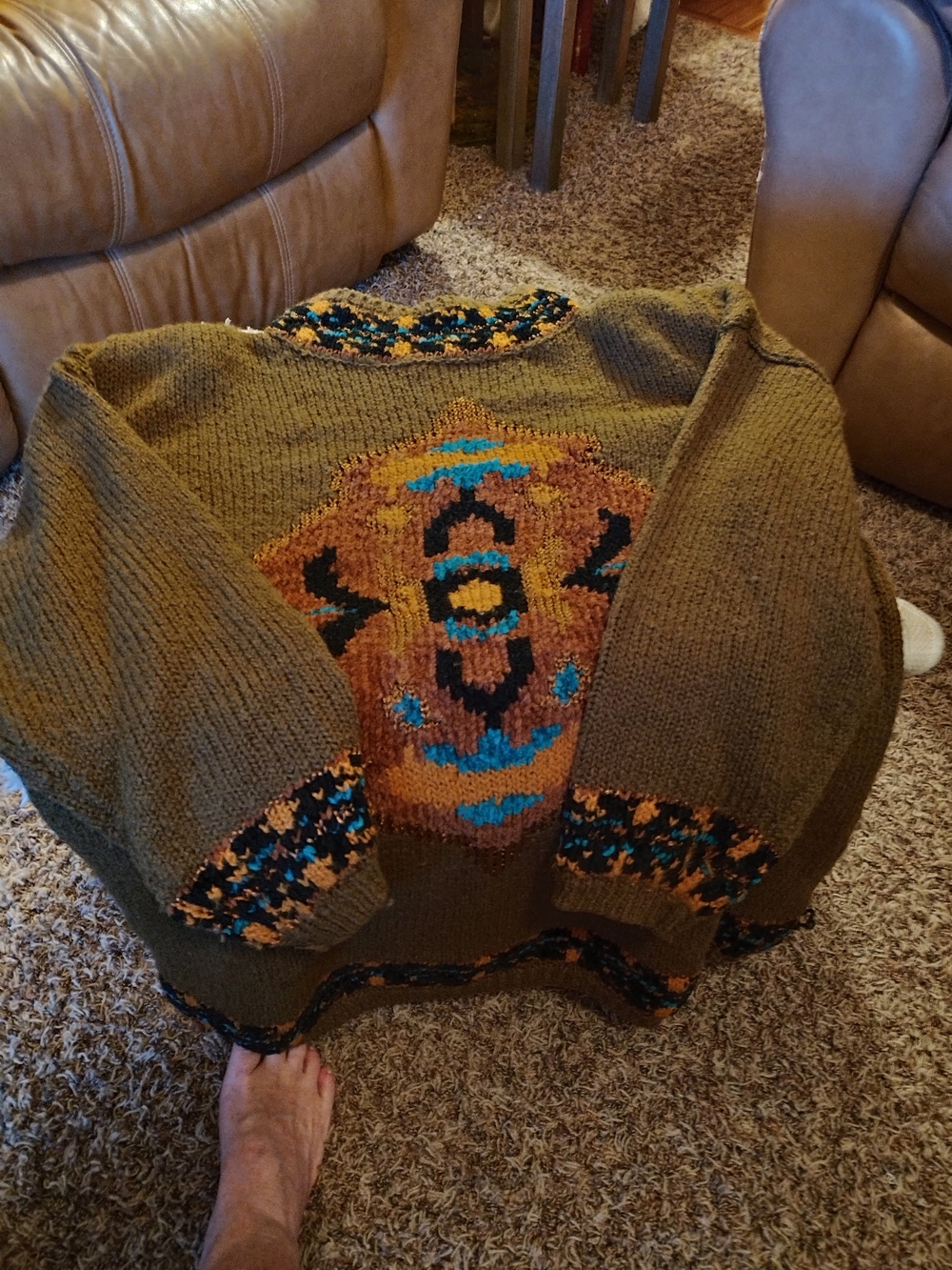 Olive Green Aztec-Pattern Crewneck Sweater with Turquoise Accents